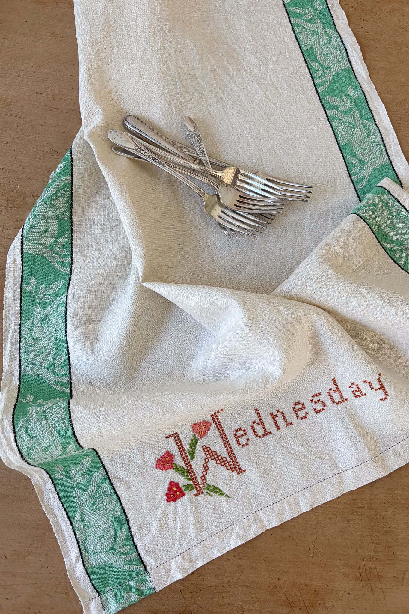 Vintage linen embroidered day of the week tea towel Wednesday