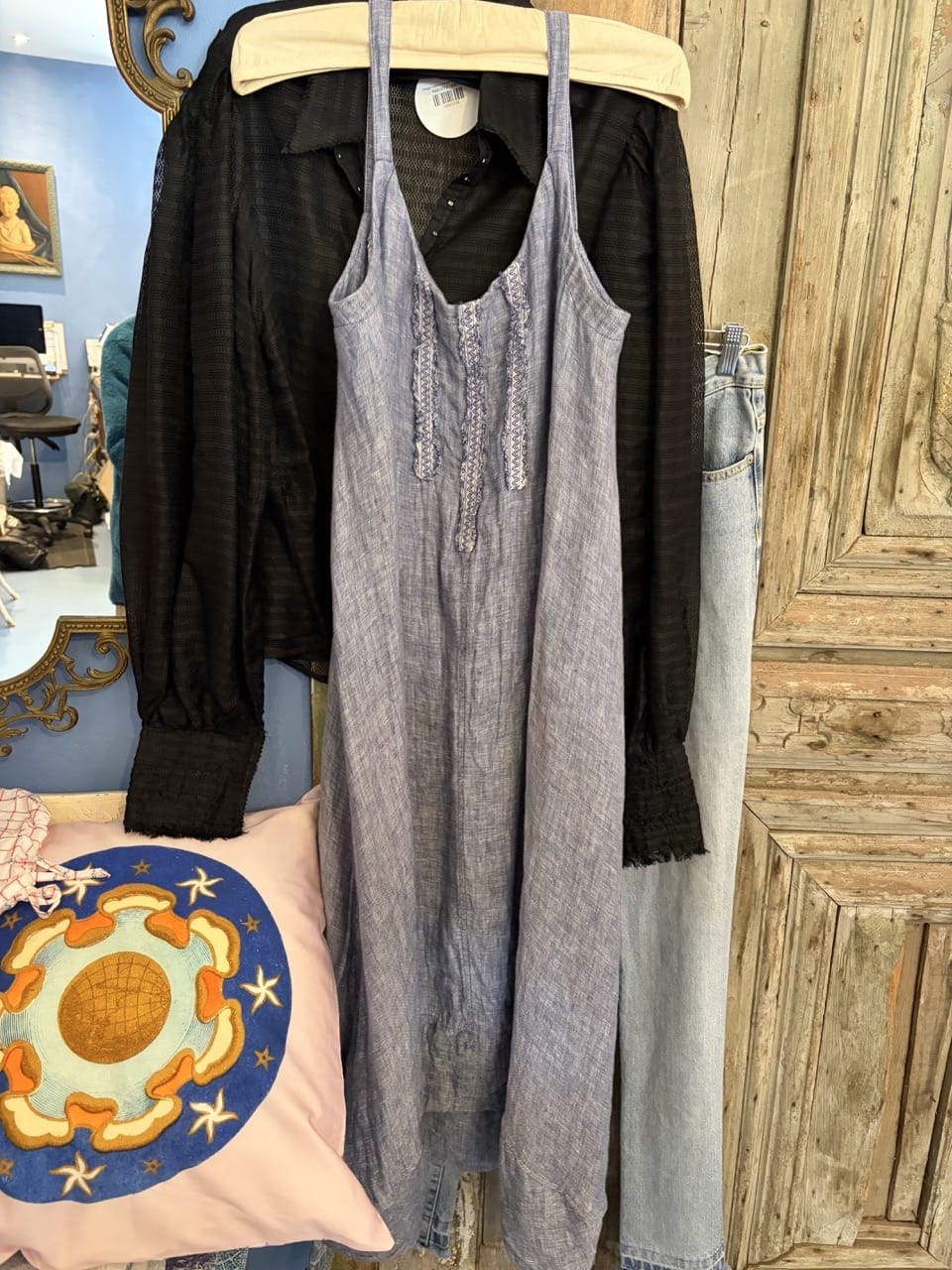 Lazybones linen pinafore dress blue