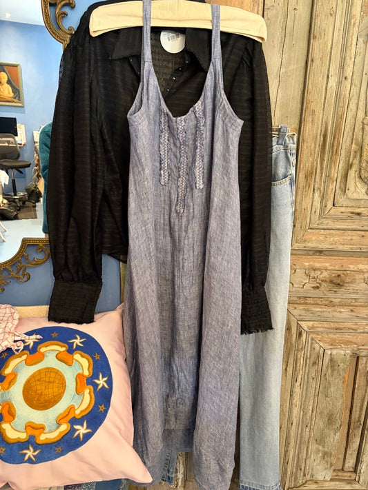 Lazybones linen pinafore dress blue