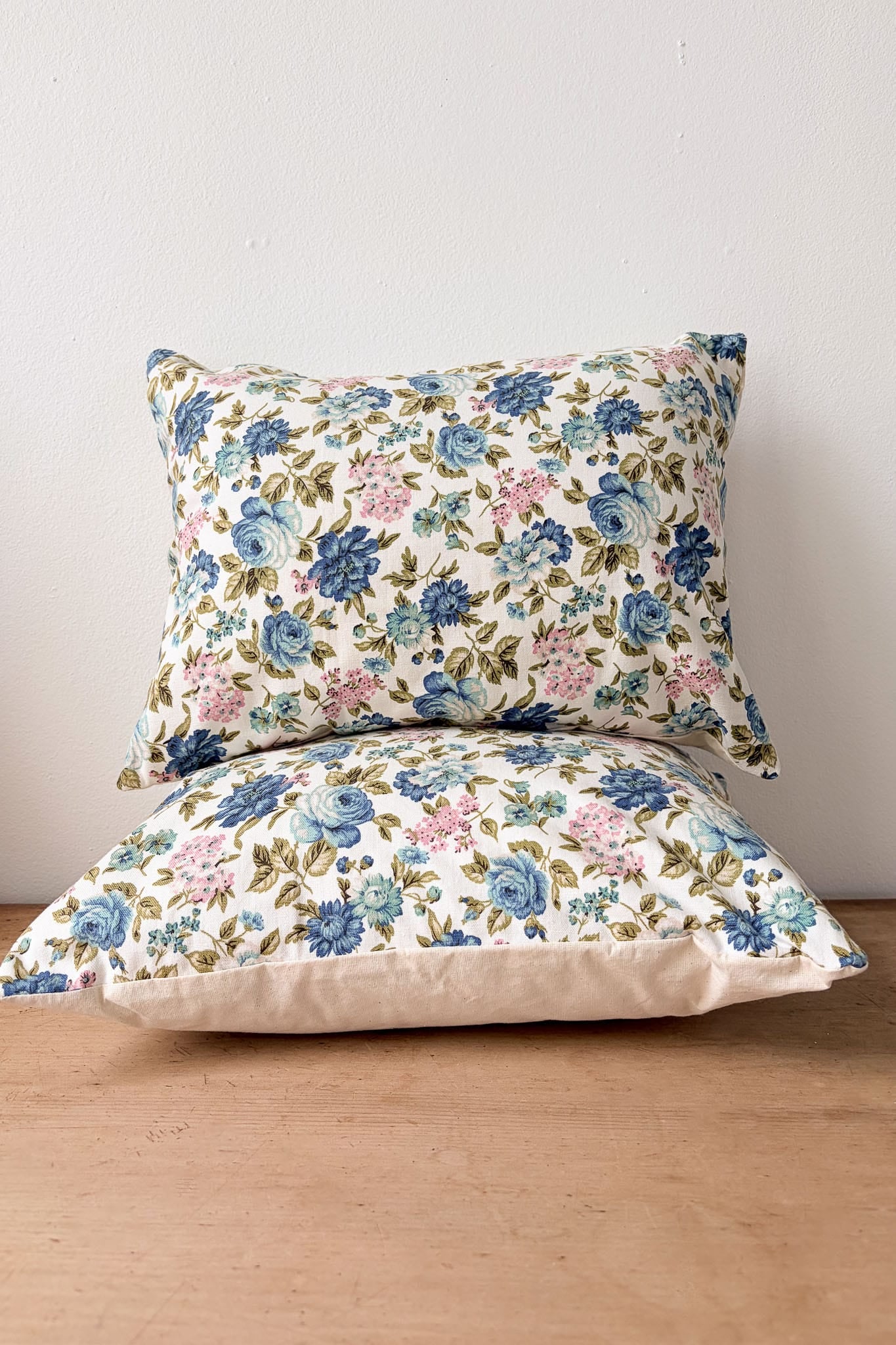 Vintage blue floral linen cushions
