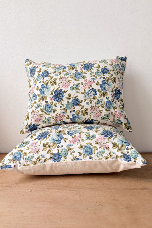 Vintage blue floral linen cushions