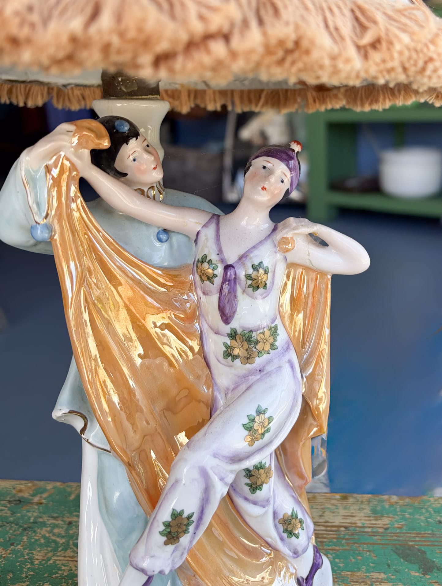 Vintage Art Deco 1920s German dancers lustreware table lamp