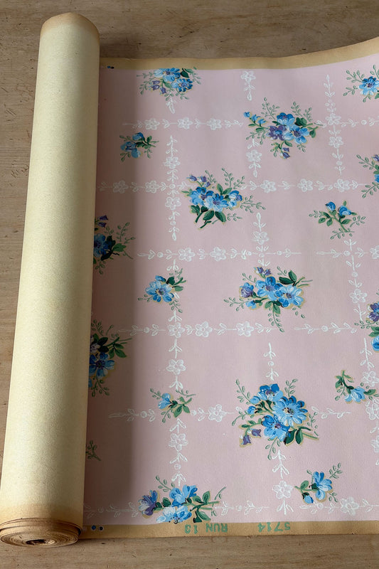 Vintage Wallpaper roll #2 pink with blue flowers