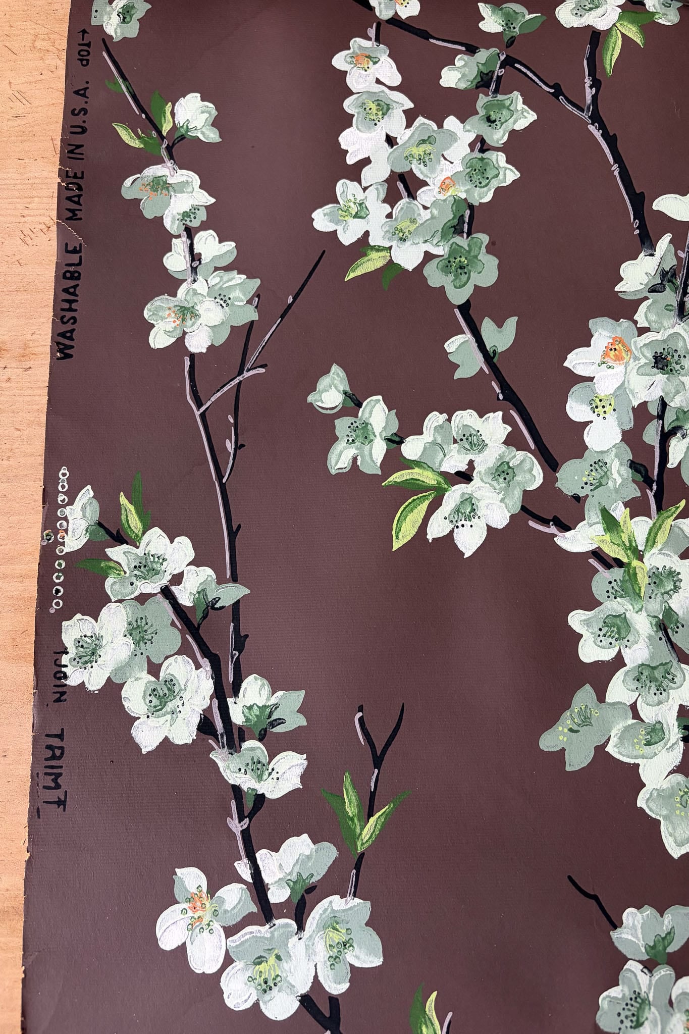 Vintage Wallpaper roll #10 brown with white and green blossoms
