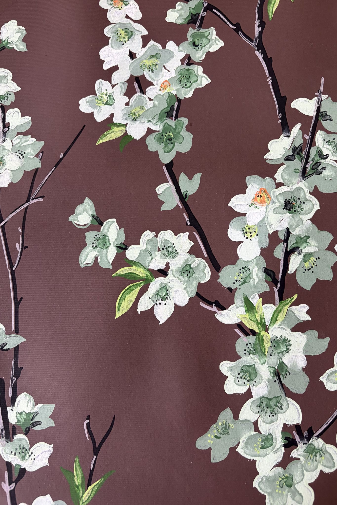 Vintage Wallpaper roll #10 brown with white and green blossoms