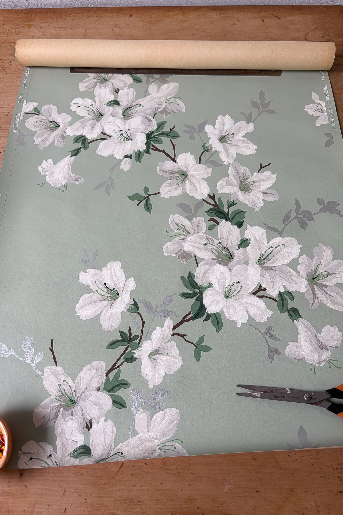 Vintage Wallpaper roll #9 green with white and silver flowers