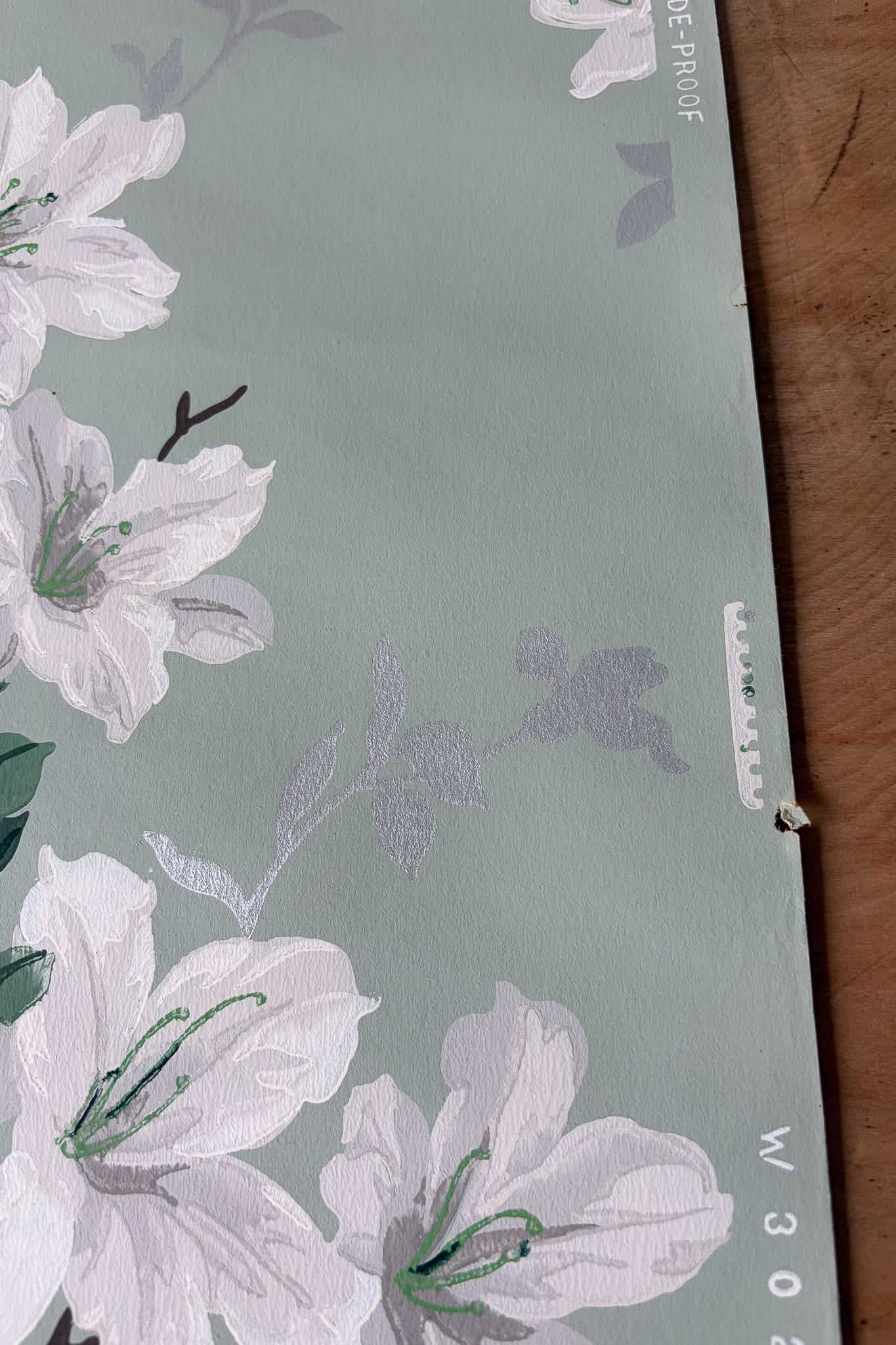 Vintage Wallpaper roll #9 green with white and silver flowers