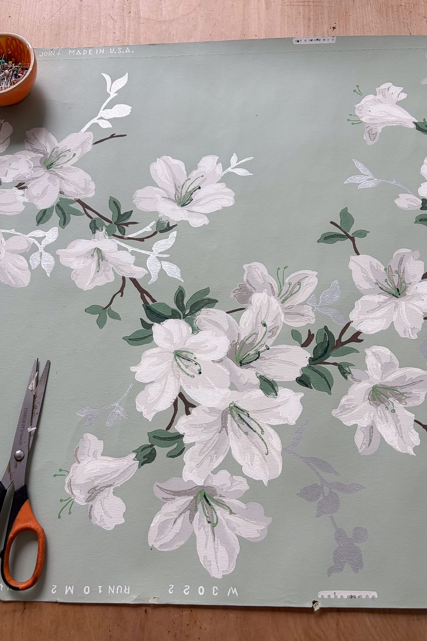 Vintage Wallpaper roll #9 green with white and silver flowers
