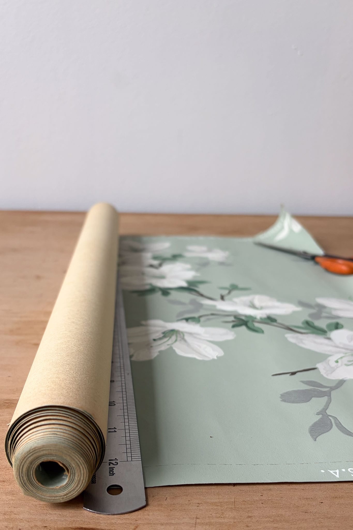Vintage Wallpaper roll #9 green with white and silver flowers
