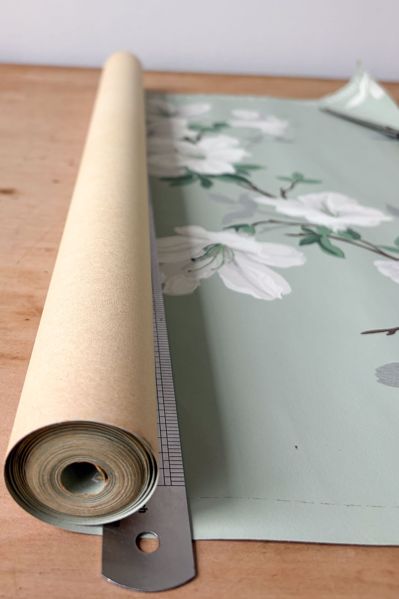 Vintage Wallpaper roll #9 green with white and silver flowers