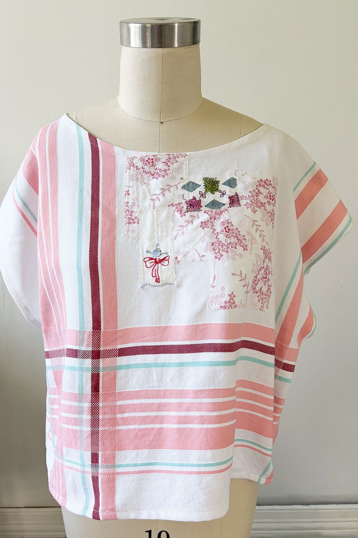 Handmade upcycled top pink white red blue one size