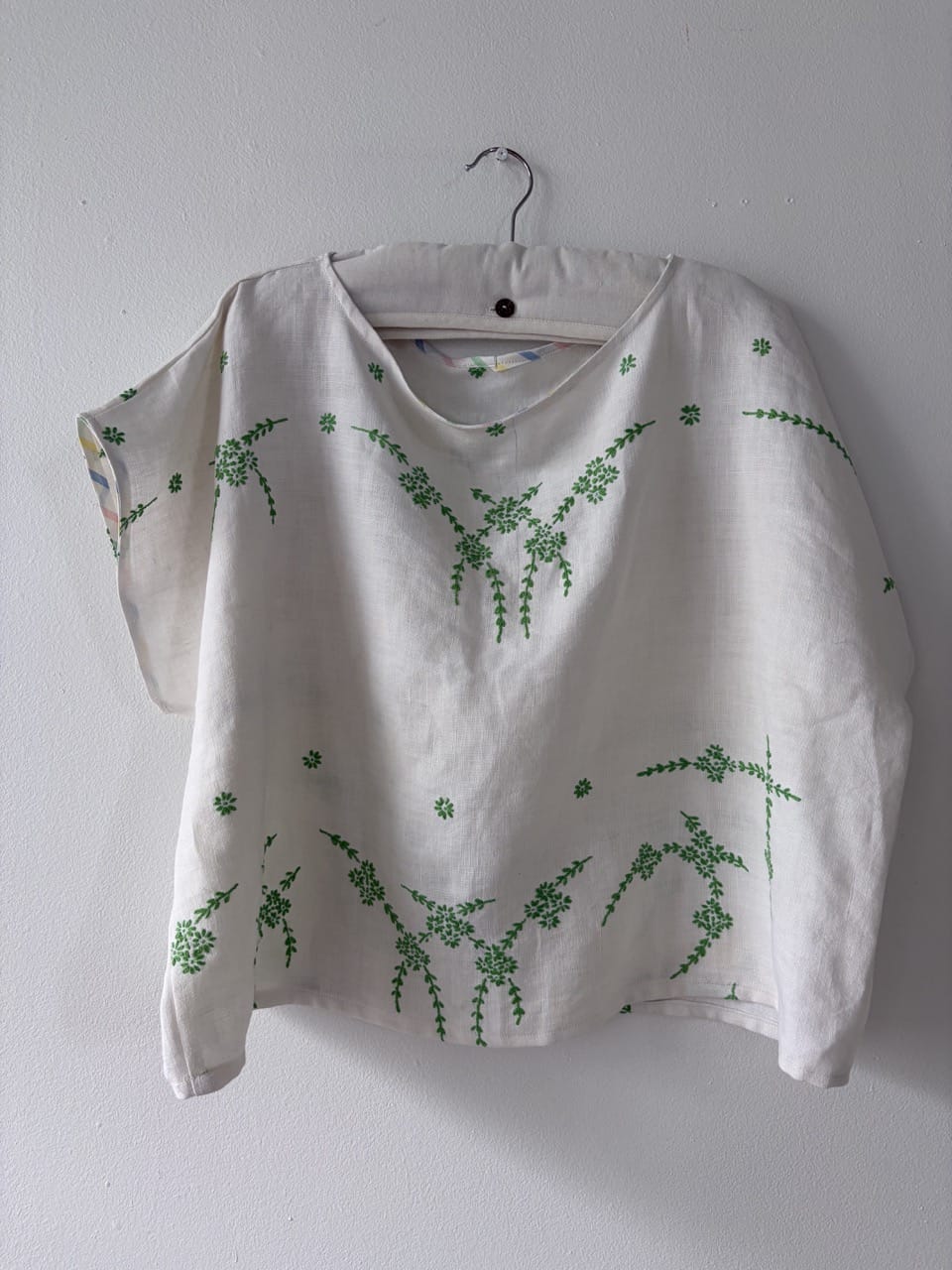 Handmade vintage white & green embroidered top one size