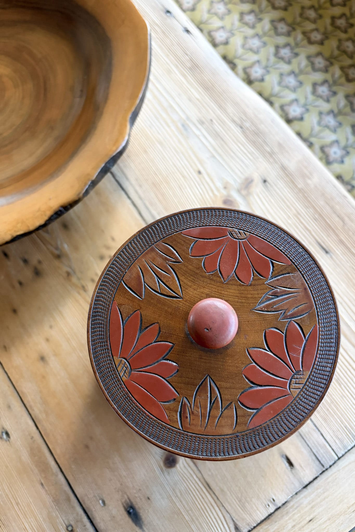 Vintage Japanese carved and painted wooden tea canister