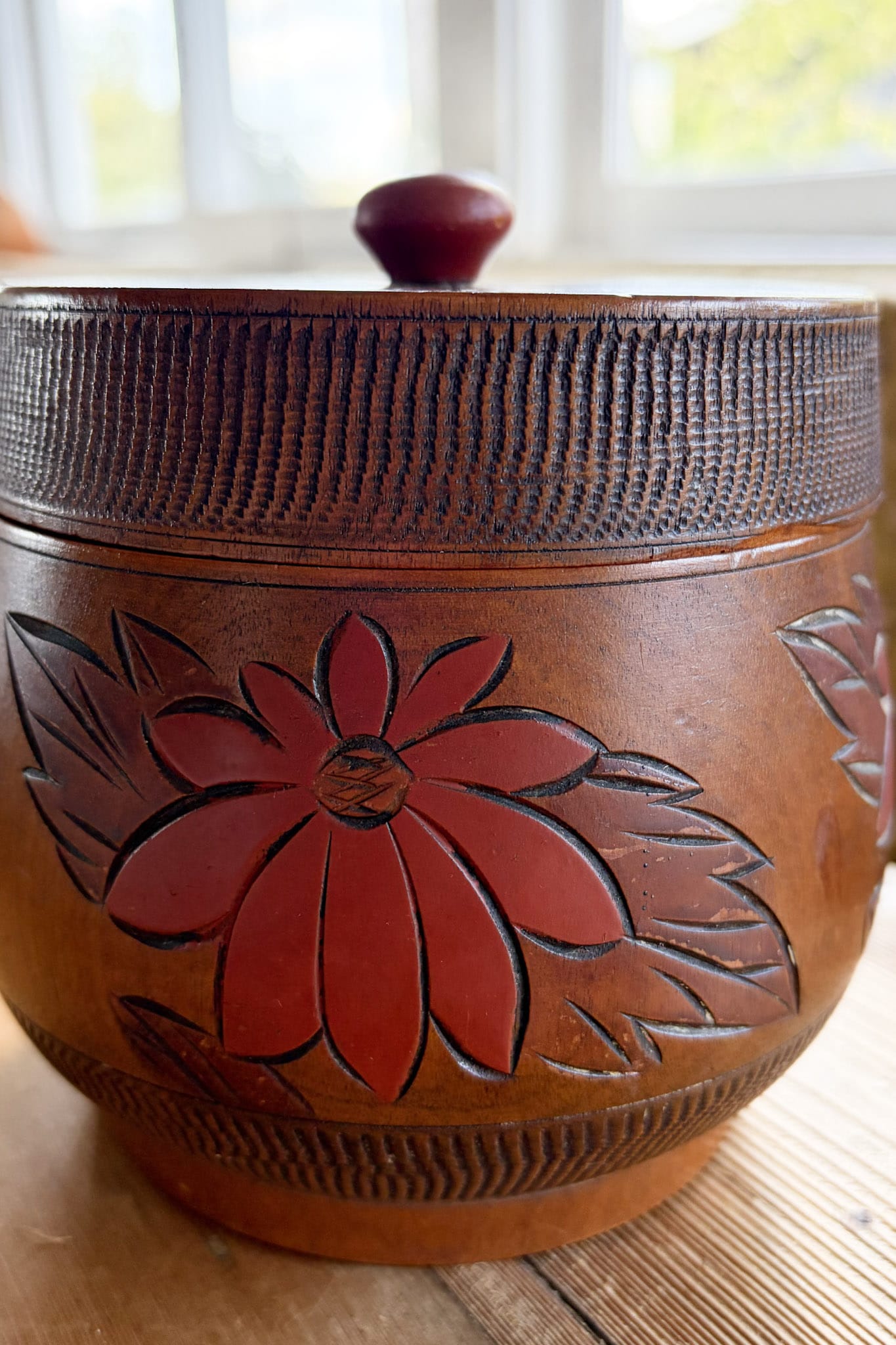 Vintage Japanese carved and painted wooden tea canister