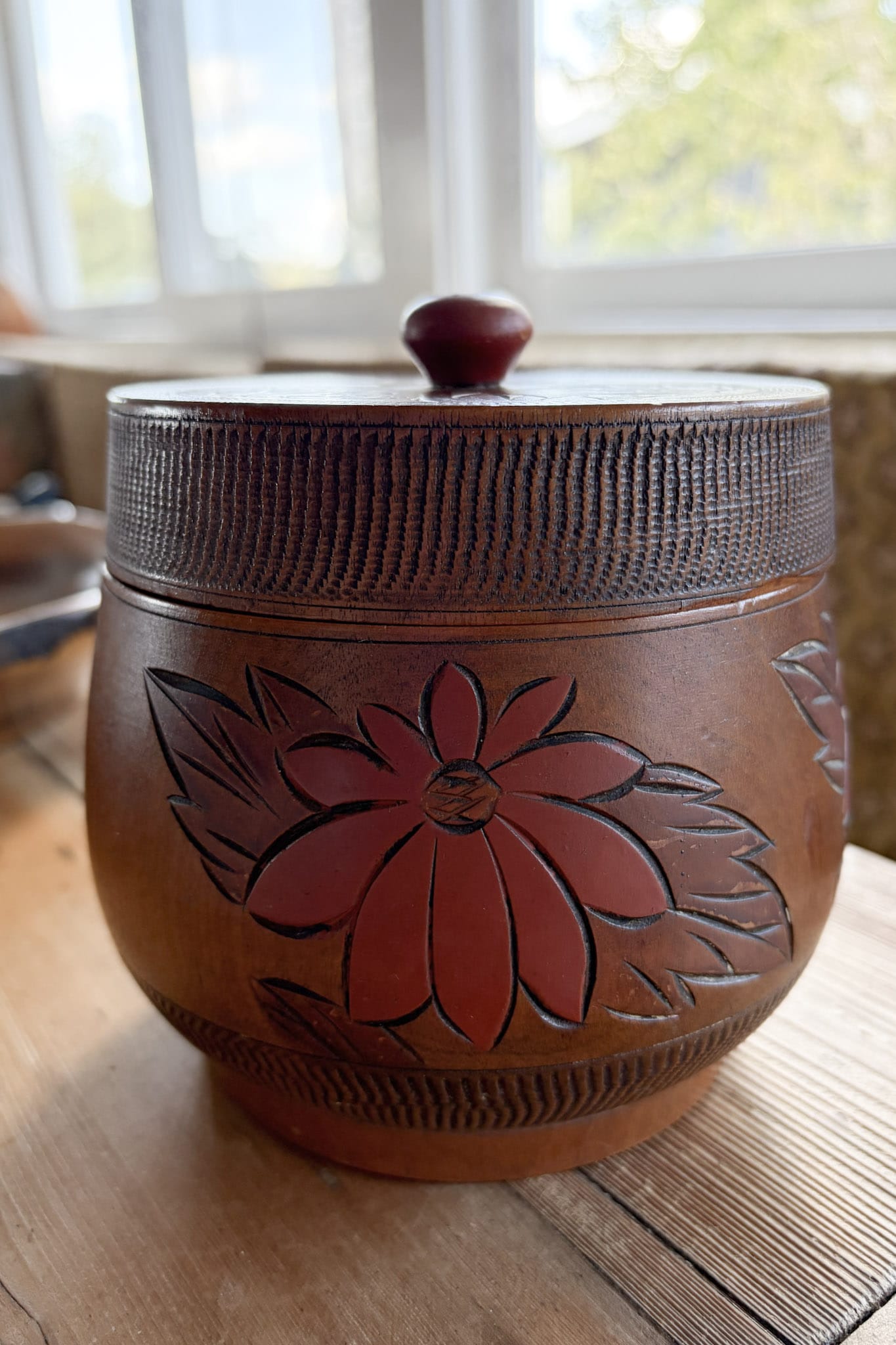 Vintage Japanese carved and painted wooden tea canister