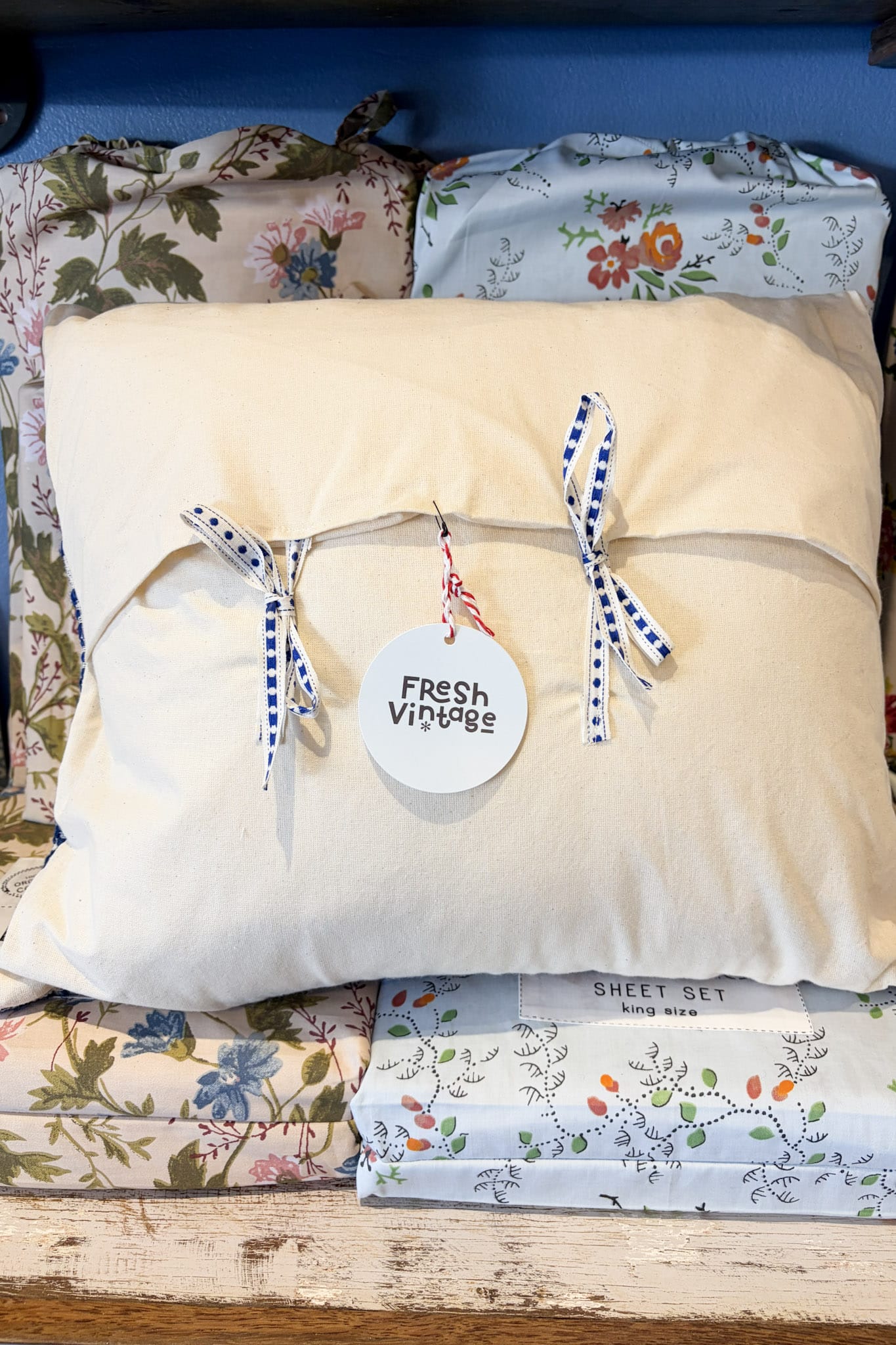 Vintage blue and white woven cushion