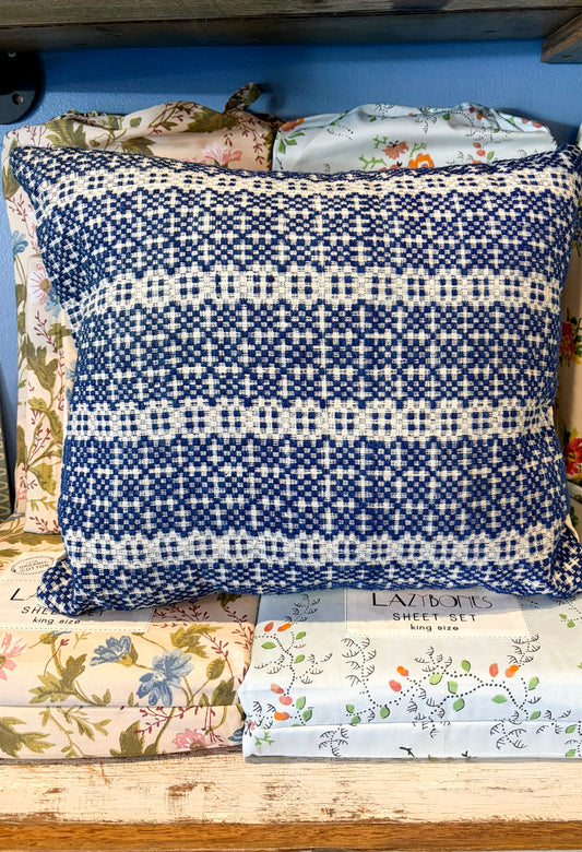 Vintage blue and white woven cushion