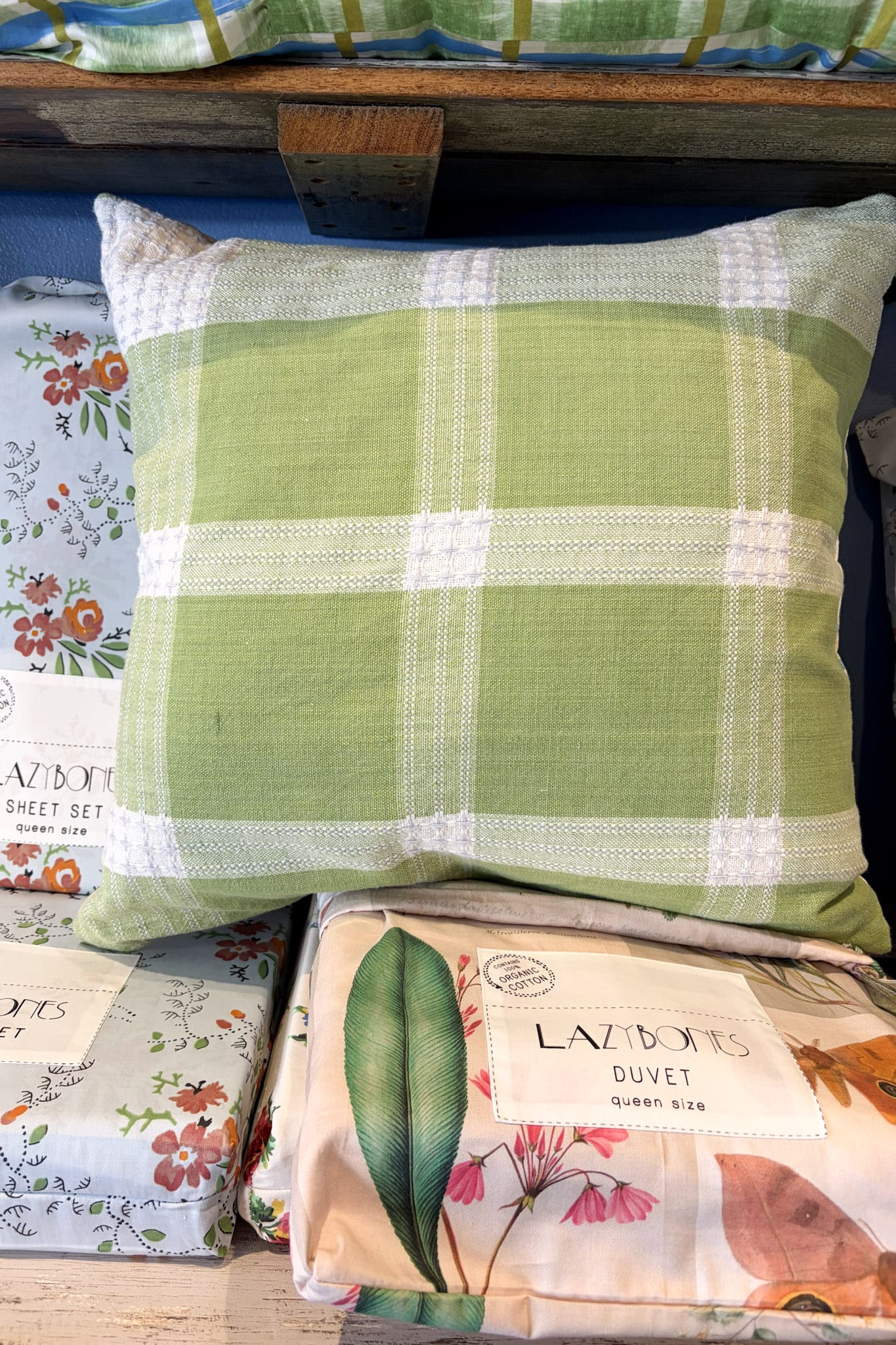 Handmade green check cushion with insert