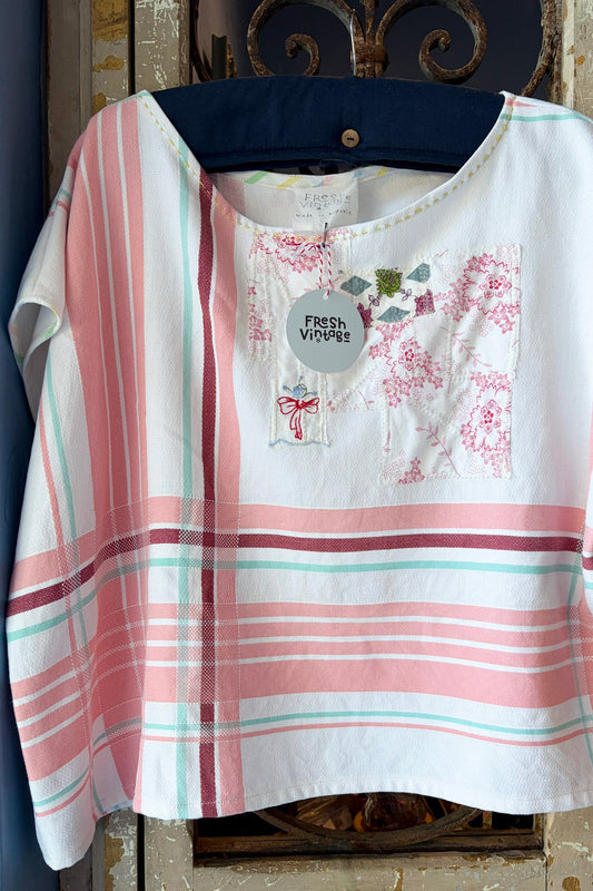 Handmade upcycled top pink white red blue one size