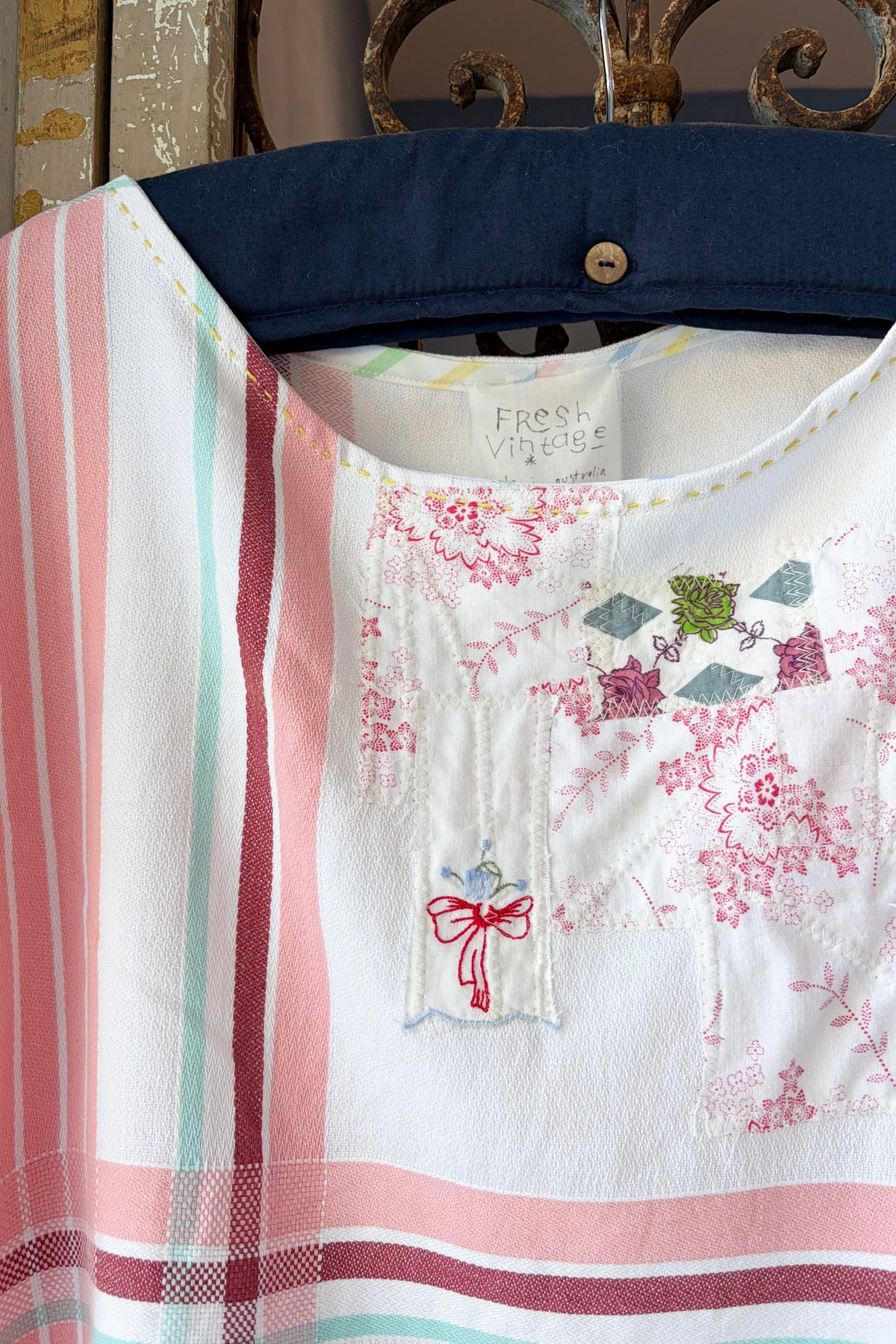 Handmade upcycled top pink white red blue one size