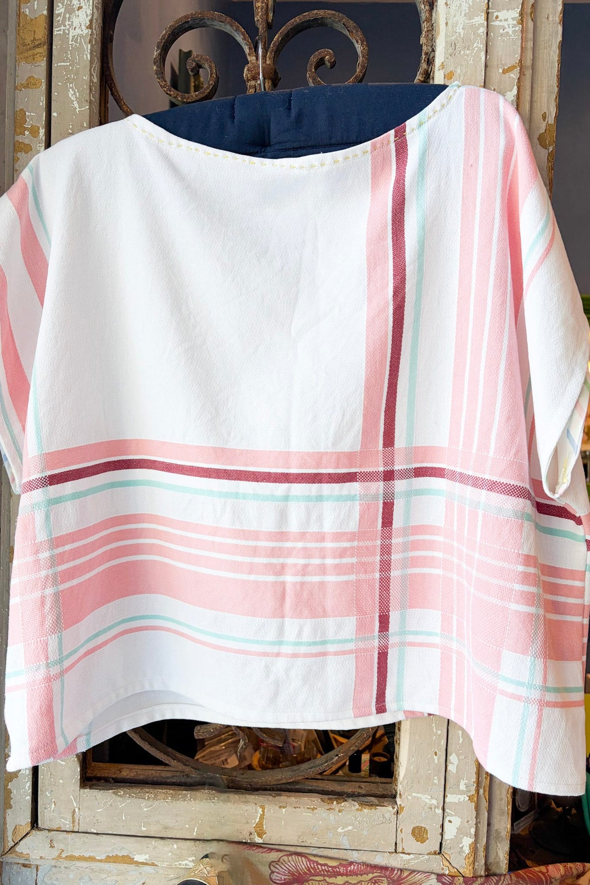 Handmade upcycled top pink white red blue one size