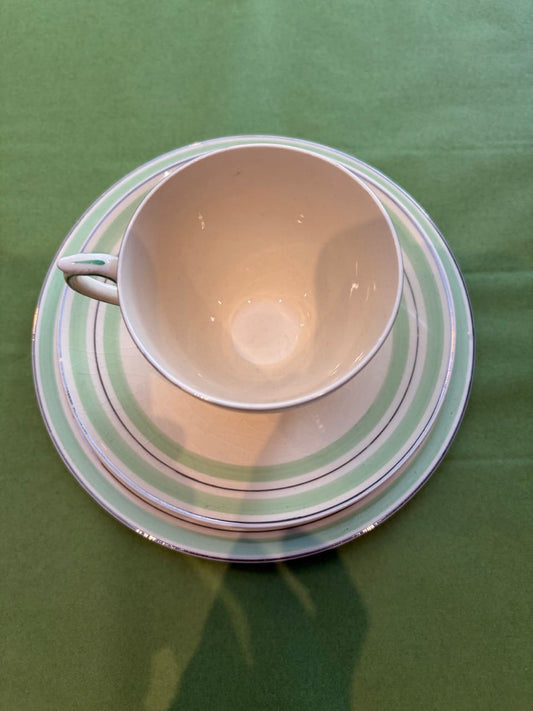 Vintage New Hall Hanley green & silver trio