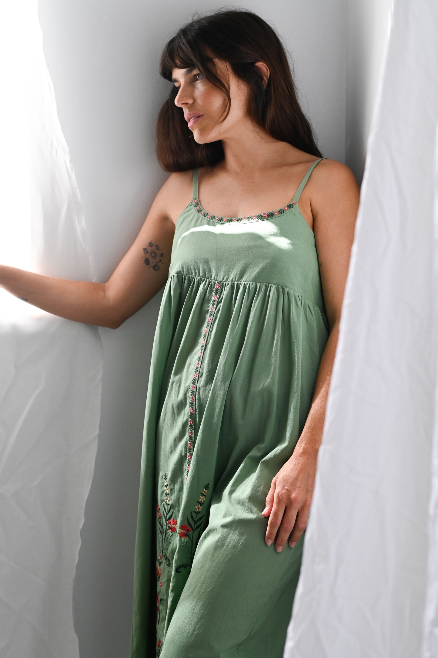Juliet organic cotton embroidered dress Mineral Green