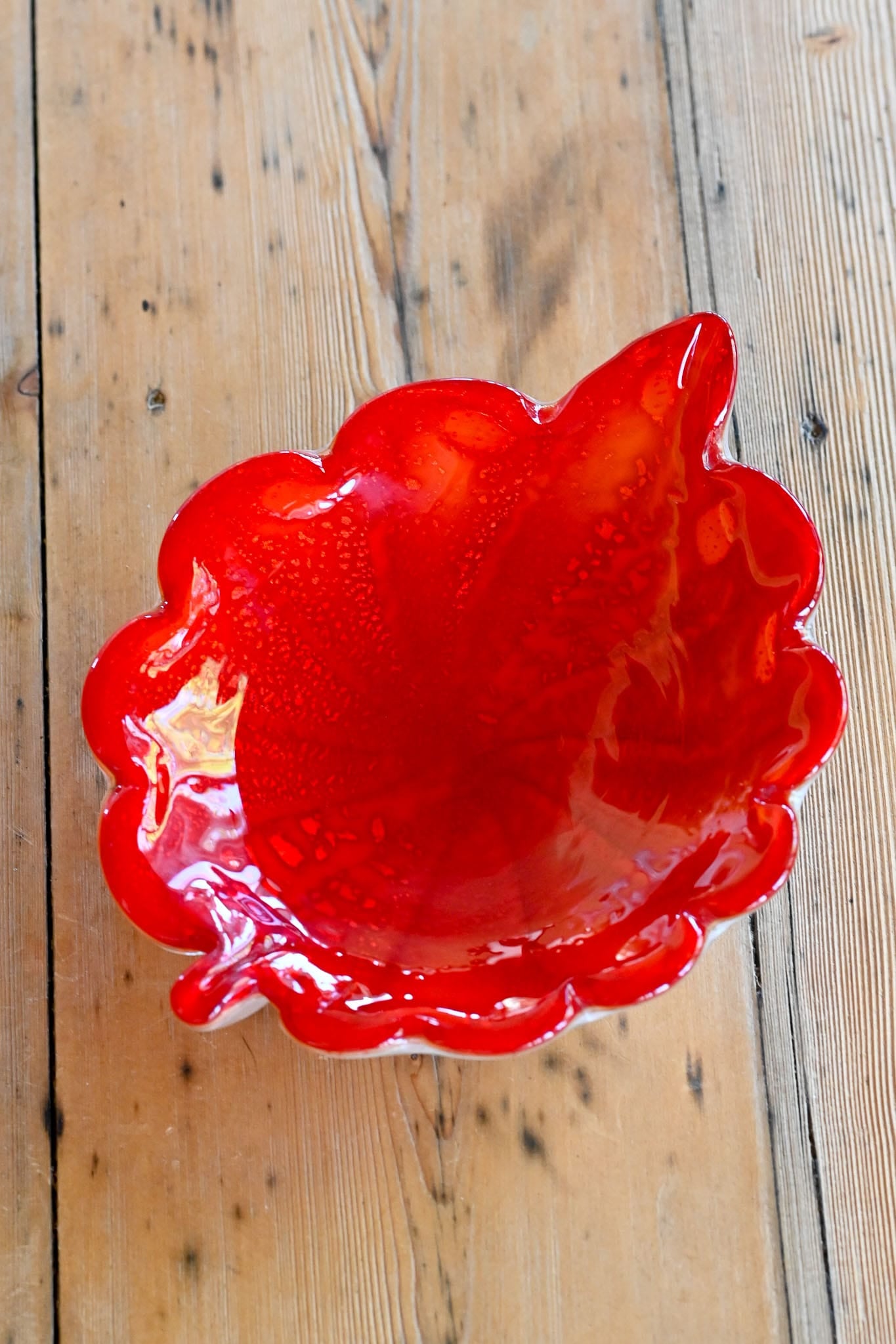 Vintage bright red handmade art glass bowl