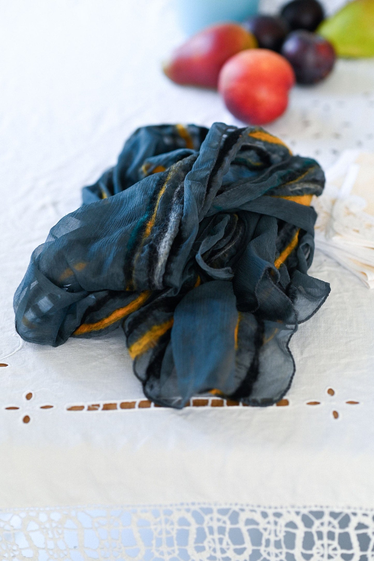 Teal & Yellow Hand Felted  Merino Wool/Silk Scarf
