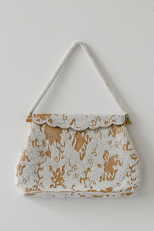 Vintage 1960s beaded evening bag white and gold