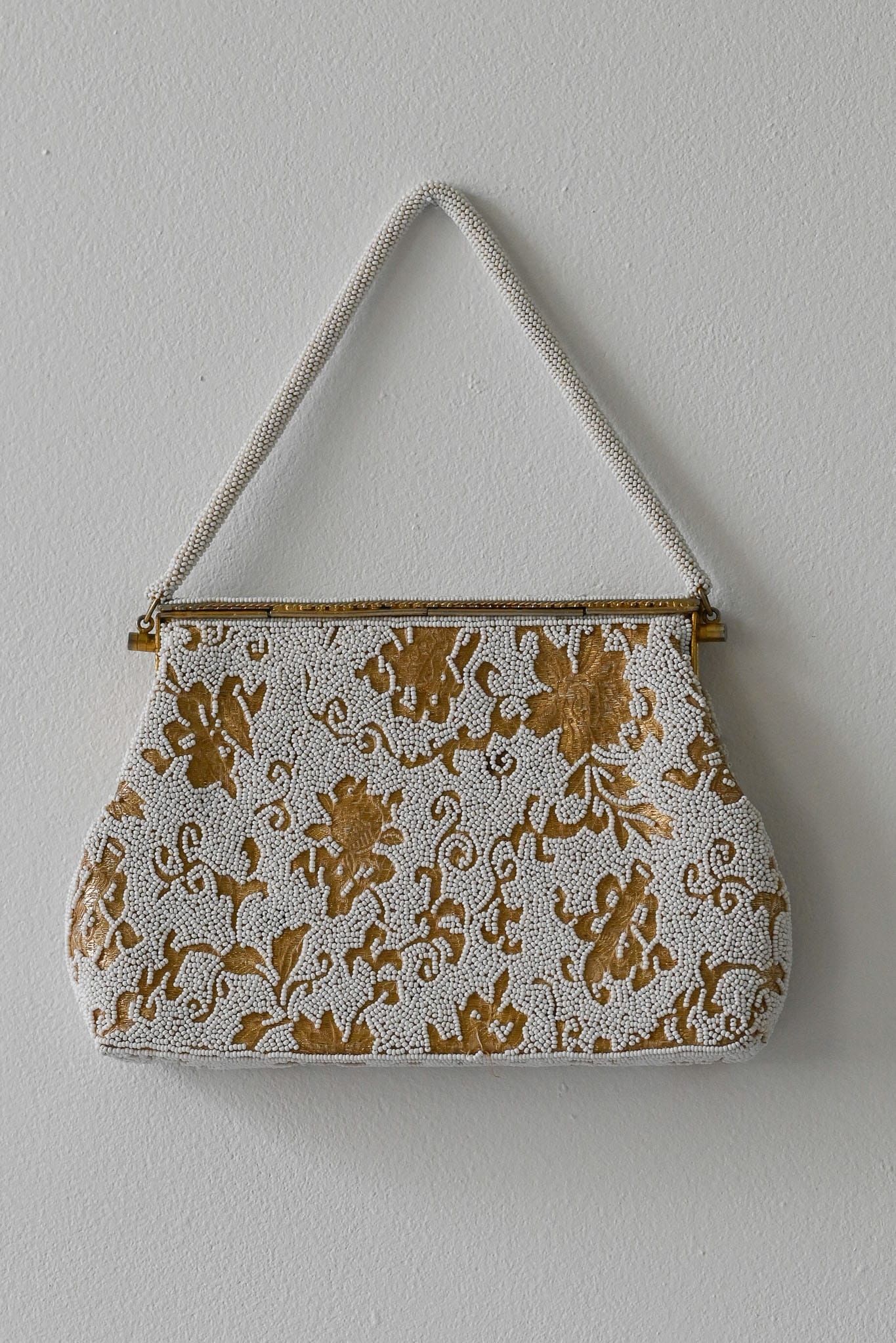 Vintage 1960s beaded evening bag white and gold