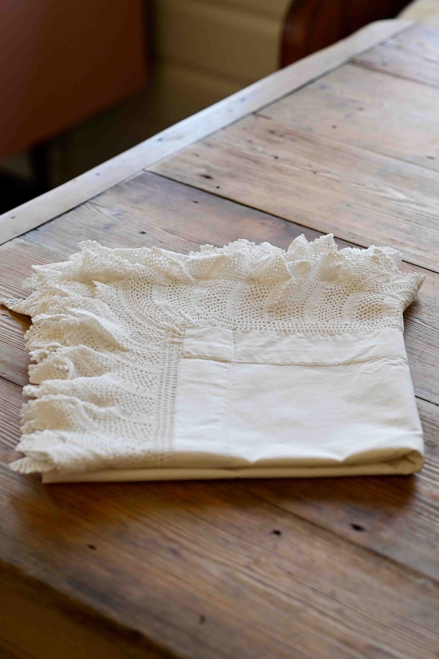 White cotton tablecloth with lace edging