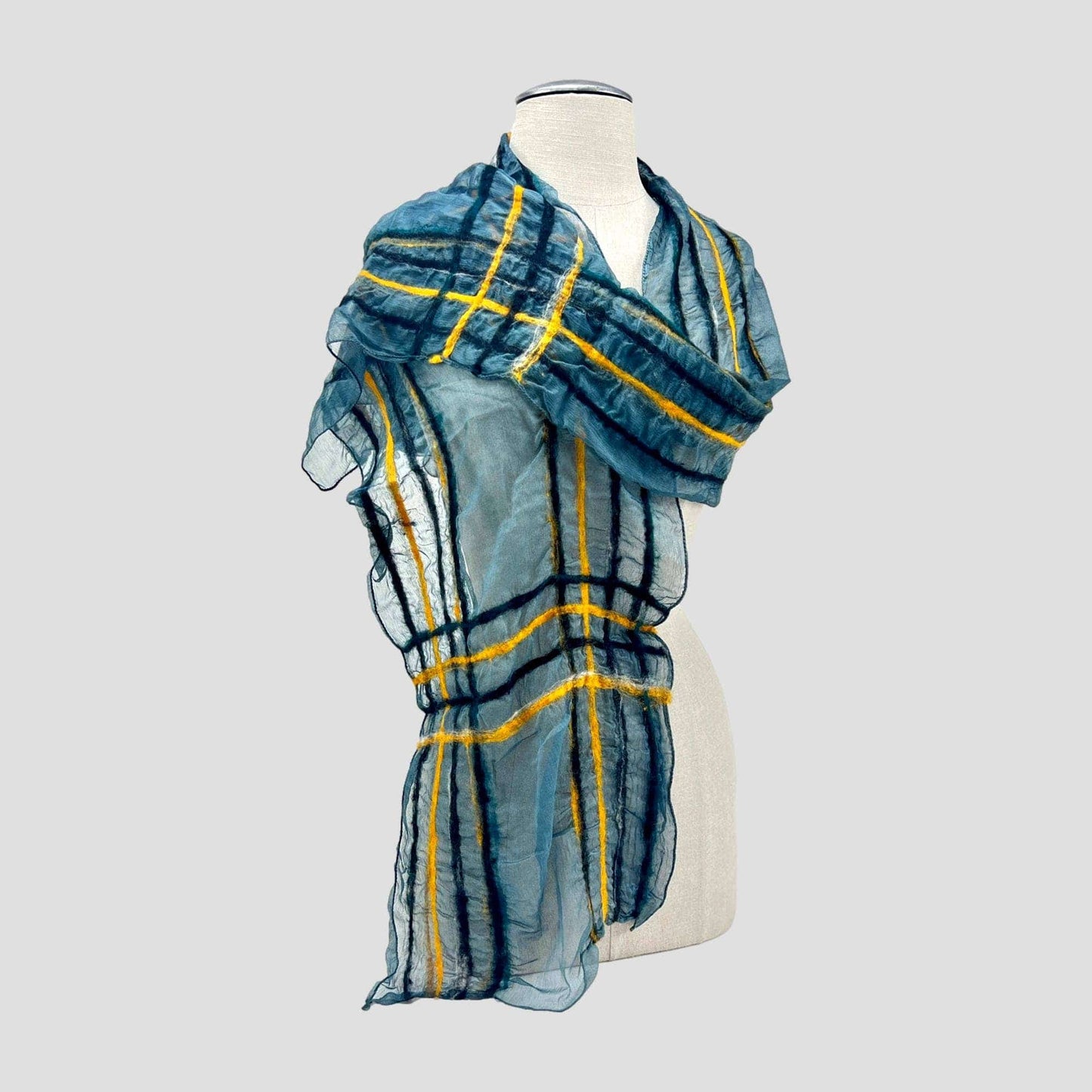 Teal & Yellow Hand Felted  Merino Wool/Silk Scarf